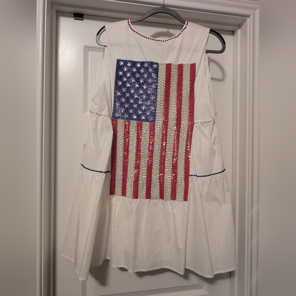 Queen Of Sparkles Beaded Rhinestone Red White Blue American Flag Dress Medium